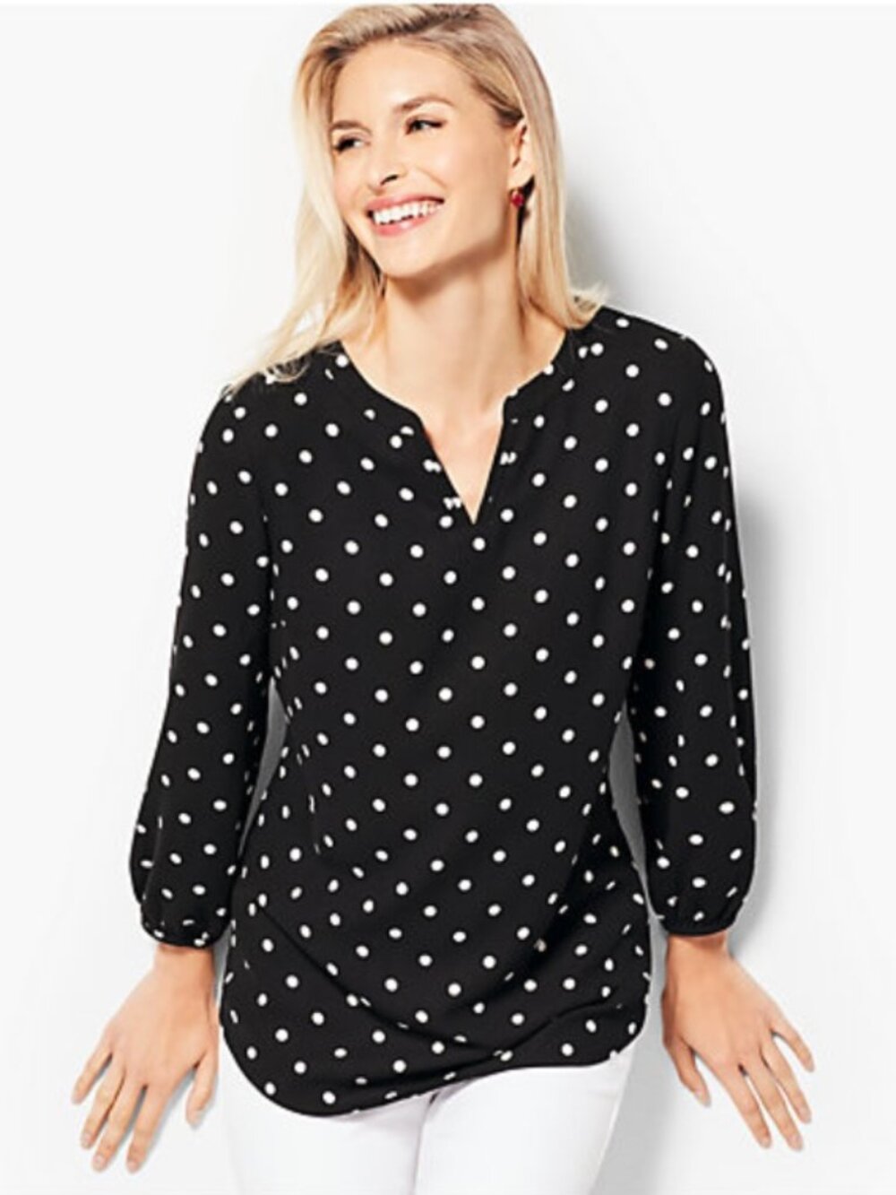 Talbots Classic Crepe Popover Black White Polka Dot LP